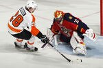 SUNRISE, FL - JANUARY 24: Claude Giroux #28 of the Philadelphia Flyers scores the winning goal during the shoot out past goaltender Scott Clemmensen #30 the Florida Panthers on January 24, 2012 at the BankAtlantic Center in Sunrise, Florida. The Flyers defeated the Panthers 3-2 in a shoot out. (Photo by Joel Auerbach/Getty Images)