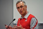 COLUMBUS, OH - MARCH 30:  Head Coach Jim Tressel speaks to the media during a press conference before the start of Spring practices at the Woody Hayes Athletic Center at The Ohio State University on March 30, 2011 in Columbus, Ohio. (Photo by Jamie Sabau/Getty Images)