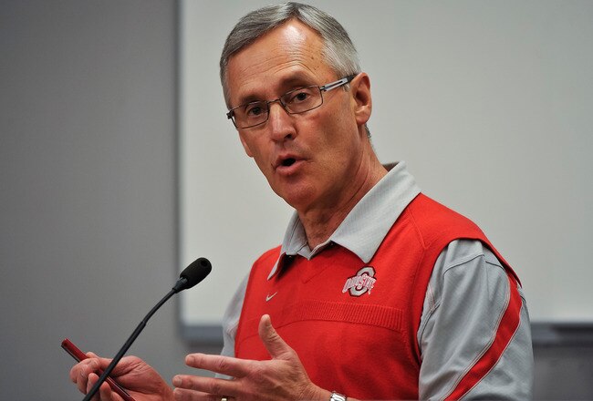 COLUMBUS, OH - MARCH 30:  Head Coach Jim Tressel speaks to the media during a press conference before the start of Spring practices at the Woody Hayes Athletic Center at The Ohio State University on March 30, 2011 in Columbus, Ohio. (Photo by Jamie Sabau/Getty Images)