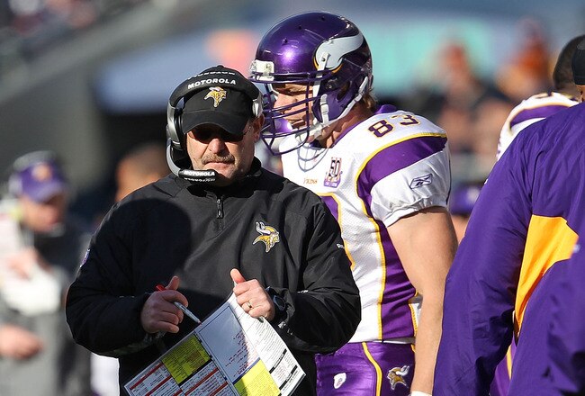 CHICAGO - NOVEMBER 14: Head coach Brad Childress of the Minnesota Vikings watches as his team takes on the Chicago Bears at Soldier Field on November 14, 2010 in Chicago, Illinois. The Bears defeated the Vikings 27-13. (Photo by Jonathan Daniel/Getty Images)