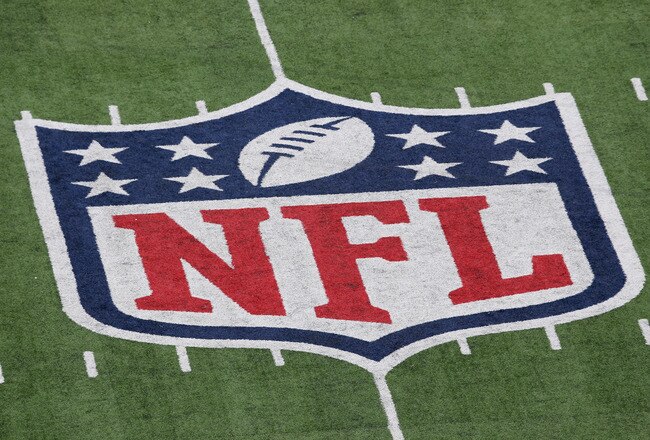 EAST RUTHERFORD, NJ - JANUARY 08:  A detail of the official National Football League NFL logo is seen painted on the turf as the New York Giants host the Atlanta Falcons during their NFC Wild Card Playoff game at MetLife Stadium on January 8, 2012 in East Rutherford, New Jersey.  (Photo by Nick Laham/Getty Images)