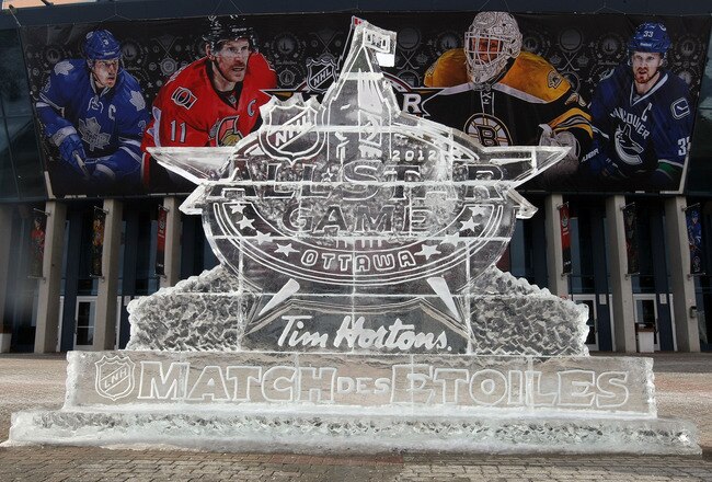 OTTAWA, ON - JANUARY 29:  A general view of the exterior of an ice sculpture seen in front of the arena during the 2012 NHL Tim Hortons NHL All-Star Game at Scotiabank Place on January 29, 2012 in Ottawa, Ontario, Canada.  (Photo by Christian Petersen/Getty Images)