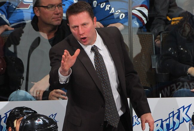 DENVER, CO - JANUARY 10:  Head coach Joe Sacco of the Colorado Avalanche directs his team against the Nashville Predators at the Pepsi Center on January 10, 2012 in Denver, Colorado. The Predators defeated the Avlanche 4-1.  (Photo by Doug Pensinger/Getty Images)
