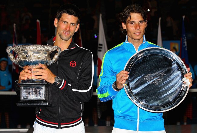 MELBOURNE, AUSTRALIA - JANUARY 29:  Novak Djokovic of Serbia poses with the Norman Brookes Challenge Cup alongside Raphael Nadal of Spain with the runners-up trophy after winning the men's final match against Rafael Nadal of Spain during day fourteen of the 2012 Australian Open at Melbourne Park on January 29, 2012 in Melbourne, Australia.  (Photo by Mark Kolbe/Getty Images)