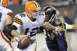 CLEVELAND, OH - DECEMBER 4: Quarterback Colt McCoy #12 of the Cleveland Browns scrambles under pressure during the third quarter against the Baltimore Ravens at Cleveland Browns Stadium on December 4, 2011 in Cleveland, Ohio. The Ravens debated the Browns 24-10. (Photo by Jason Miller/Getty Images)