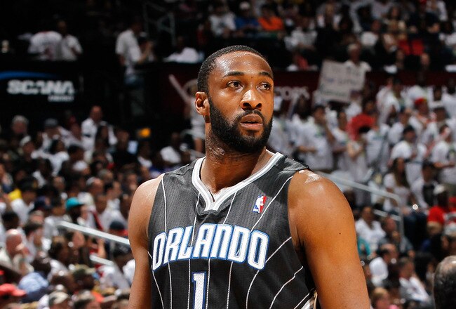 ATLANTA, GA - APRIL 24:  Gilbert Arenas #1 of the Orlando Magic against the Atlanta Hawks during Game Four of the Eastern Conference Quarterfinals in the 2011 NBA Playoffs at Philips Arena on April 24, 2011 in Atlanta, Georgia.  NOTE TO USER: User expressly acknowledges and agrees that, by downloading and or using this photograph, User is consenting to the terms and conditions of the Getty Images License Agreement.  (Photo by Kevin C. Cox/Getty Images)