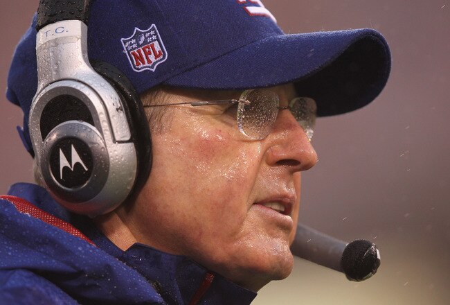 SAN FRANCISCO, CA - JANUARY 22:  Head coach Tom Coughlin of the New York Giants looks on against the San Francisco 49ers during the NFC Championship Game at Candlestick Park on January 22, 2012 in San Francisco, California.  (Photo by Jamie Squire/Getty Images)