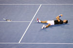 MELBOURNE, AUSTRALIA - JANUARY 29:  Novak Djokovic of Serbia celebrates winning championship point in his men's final match against Rafael Nadal of Spain during day fourteen of the 2012 Australian Open at Melbourne Park on January 29, 2012 in Melbourne, Australia.  (Photo by Lucas Dawson/Getty Images)
