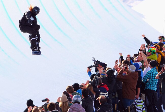 ASPEN, CO - JANUARY 29:  Shaun White soars above the spectators as he competes in men's snowboard superpipe elimination during Winter X Games 2012 at Buttermilk Mountain on January 29, 2012 in Aspen, Colorado. White finished first to advance to the finals.  (Photo by Doug Pensinger/Getty Images)