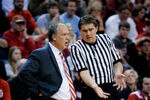 LINCOLN, NE - JANUARY 21: Nebraska Cornhuskers coach Doc Sadler chats with a referee during their game against the Ohio State Buckeyes at The Devany Center January 21, 2012 in Lincoln, Nebraska. Ohio State defeated Nebraska 78-45. (Photo by Eric Francis/Getty Images)