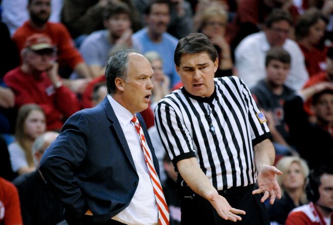 LINCOLN, NE - JANUARY 21: Nebraska Cornhuskers coach Doc Sadler chats with a referee during their game against the Ohio State Buckeyes at The Devany Center January 21, 2012 in Lincoln, Nebraska. Ohio State defeated Nebraska 78-45. (Photo by Eric Francis/Getty Images)