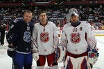 OTTAWA, ON - JANUARY 29:  Teammates Marian Gaborik #10 of the New York Rangers and Team Chara, Dan Girardi #5 and Henrik Lundqvist #30 of the New York Rangers and Team Alfredsson stand on the ice prior to the 2012 Tim Hortons NHL All-Star Game between Team Alfredsson and Team Chara at Scotiabank Place on January 29, 2012 in Ottawa, Ontario, Canada.  (Photo by Bruce Bennett/Getty Images)