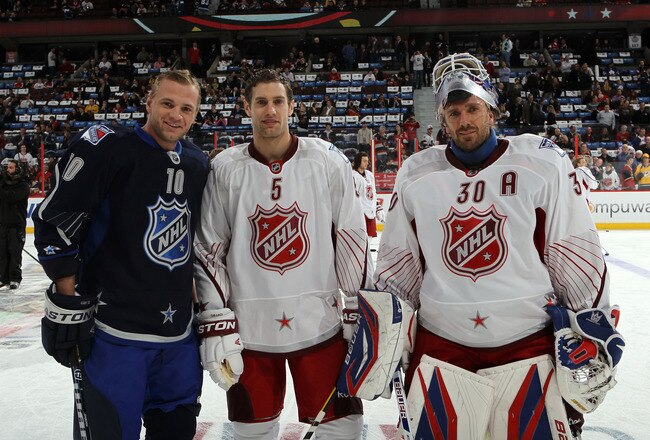 OTTAWA, ON - JANUARY 29:  Teammates Marian Gaborik #10 of the New York Rangers and Team Chara, Dan Girardi #5 and Henrik Lundqvist #30 of the New York Rangers and Team Alfredsson stand on the ice prior to the 2012 Tim Hortons NHL All-Star Game between Team Alfredsson and Team Chara at Scotiabank Place on January 29, 2012 in Ottawa, Ontario, Canada.  (Photo by Bruce Bennett/Getty Images)