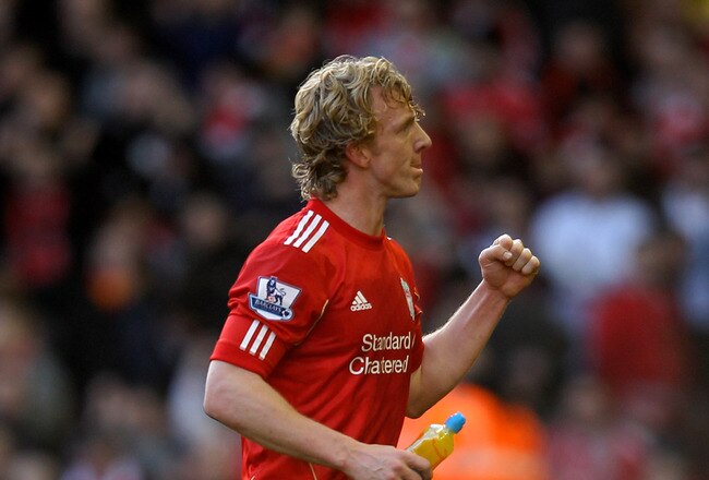 LIVERPOOL, ENGLAND - JANUARY 28:  Dirk Kuyt of Liverpool celebrates at the end of the FA Cup Fourth Round match between Liverpool and Manchester United at Anfield on January 28, 2012 in Liverpool, England.  (Photo by Alex Livesey/Getty Images)