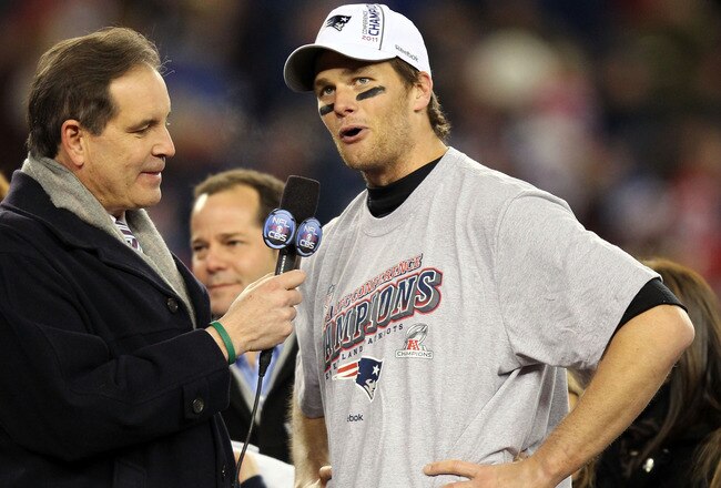 FOXBORO, MA - JANUARY 22:  Tom Brady (R) #12 of the New England Patriots talks with commentator Jim Nantz (L) after defeating the Baltimore Ravens in the AFC Championship Game at Gillette Stadium on January 22, 2012 in Foxboro, Massachusetts. The New England Patriots defeated the Baltimore Ravens 20-23.  (Photo by Jim Rogash/Getty Images)
