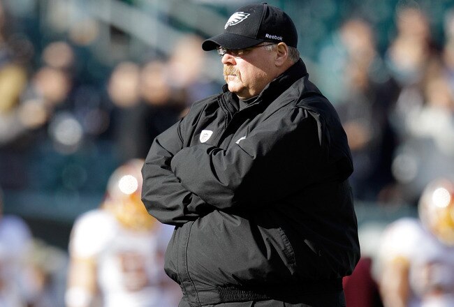 PHILADELPHIA, PA - JANUARY 01: Head coach Andy Reid of the Philadelphia Eagles watches his team warm up before playing the Washington Redskins at Lincoln Financial Field on January 1, 2012 in Philadelphia, Pennsylvania.  (Photo by Rob Carr/Getty Images)
