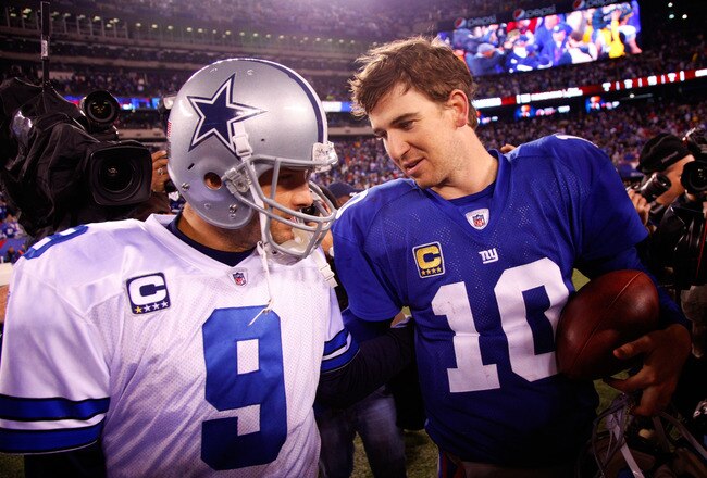 EAST RUTHERFORD, NJ - JANUARY 01:   Tony Romo #9 of the Dallas Cowboys and  Eli Manning #10 of the New York Giants greet each other after their game at MetLife Stadium on January 1, 2012 in East Rutherford, New Jersey.  (Photo by Jeff Zelevansky/Getty Images)
