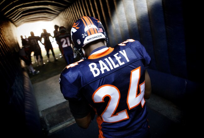 DENVER, CO - DECEMBER 18: Champ Bailey #24 of the Denver Broncos waits for his name to be called during player introductions before a home game against the New England Patriots on December 18, 2011 at Sports Authority Field at Mile High in Denver, Colorado. (Photo by Marc Piscotty/Getty Images)