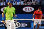 MELBOURNE, VICTORIA - JANUARY 26:  Rafael Nadal of Spain celebrates winning a point in his semifinal match against Roger Federer of Switzerland during day eleven of the 2012 Australian Open at Melbourne Park on January 26, 2012 in Melbourne, Australia.  (Photo by Pool/Getty Images)