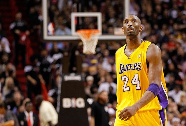MIAMI, FL - JANUARY 19:  Kobe Bryant #24 of the Los Angeles Lakers looks on during a game against the Miami Heat at American Airlines Arena on January 19, 2012 in Miami, Florida. NOTE TO USER: User expressly acknowledges and agrees that, by downloading and/or using this Photograph, User is consenting to the terms and conditions of the Getty Images License Agreement.  (Photo by Mike Ehrmann/Getty Images)