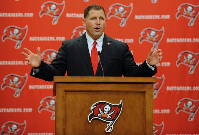 TAMPA, FL - JANUARY 27:  Coach Greg Schiano of the Tampa Bay Buccaneers speaks to the media at an introduction press conference at the team training facility January 27, 2012 in Tampa, Florida. (Photo by Al Messerschmidt/Getty Images)