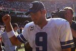 SAN FRANCISCO, CA - SEPTEMBER 18:  Tony Romo #9 of the Dallas Cowboys celebrates after defeating the San Francisco 49ers at Candlestick Park on September 18, 2011 in San Francisco, California.  (Photo by Jed Jacobsohn/Getty Images)
