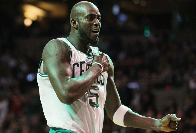 BOSTON, MA - JANUARY 17:  Kevin Garnett #5 of the Boston Celtics does his pregame scream to the crowd before the opening tipoff against the Orlando Magic on January 17, 2011 at the TD Garden in Boston, Massachusetts. Garnett missed several weeks due to a knee injury. NOTE TO USER: User expressly acknowledges and agrees that, by downloading and/or using this Photograph, User is consenting to the terms and conditions of the Getty Images License Agreement.  (Photo by Elsa/Getty Images)