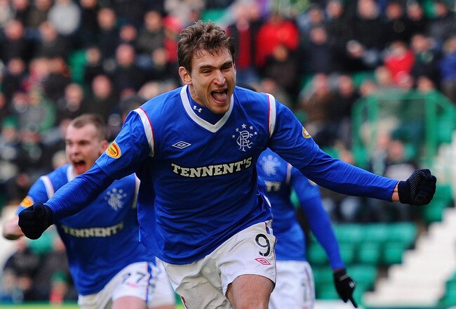 EDINBURGH, SCOTLAND - DECEMBER 10:  Rangers forward Nikica Jelavic celebrates after scoreing from the penalty spot during the Clydesdale Bank Scottish Premier league game between Hibernian and Rangers at Easter Road on December 10, 2011 in Edinburgh, Scotland.  (Photo by Stu Forster/Getty Images)