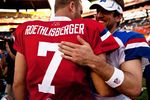 HONOLULU, HI - JANUARY 29:  Aaron Rodgers #12 of the Green Bay Packers congratulates Ben Roethlisberger #7 of the Pittsburg Steelers after the NFL Pro Bowl at Aloha Stadium on January 29, 2012 in Honolulu, Hawaii.  (Photo by Kent Nishimura/Getty Images)