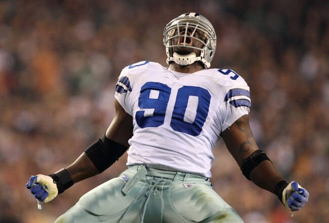 PHILADELPHIA - NOVEMBER 08:  Jay Ratliff #90 of the Dallas Cowboys reacts after he sacked Donovan McNabb #5 of the Philadelphia Eagles at Lincoln Financial Field on November 8, 2009 in Philadelphia, Pennsylvania.  (Photo by Al Bello/Getty Images)