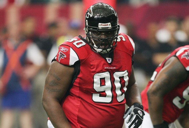ATLANTA -  OCTOBER 15:  Defensive tackle Grady Jackson #90 of the Atlanta Falcons stands at the line of scrimmage against the New York Giants at the Georgia Dome on October 15, 2006 in Atlanta, Georgia. The Giants defeated the Falcons 27-14. (Photo by Scott Halleran/Getty Images)