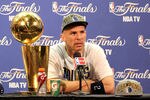 MIAMI, FL - JUNE 12:  Jason Kidd #2 of the Dallas Mavericks answers questions from the media as the Larry O'Brien Championship trophy sits on the table during a post game news conference after the Mavericks won 105-95 against the Miami Heat in Game Six of the 2011 NBA Finals at American Airlines Arena on June 12, 2011 in Miami, Florida. NOTE TO USER: User expressly acknowledges and agrees that, by downloading and/or using this Photograph, user is consenting to the terms and conditions of the Getty Images License Agreement.  (Photo by Mike Ehrmann/Getty Images)