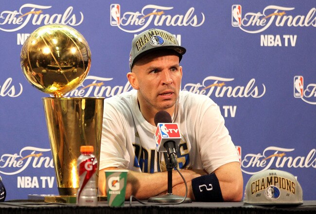 MIAMI, FL - JUNE 12:  Jason Kidd #2 of the Dallas Mavericks answers questions from the media as the Larry O'Brien Championship trophy sits on the table during a post game news conference after the Mavericks won 105-95 against the Miami Heat in Game Six of the 2011 NBA Finals at American Airlines Arena on June 12, 2011 in Miami, Florida. NOTE TO USER: User expressly acknowledges and agrees that, by downloading and/or using this Photograph, user is consenting to the terms and conditions of the Getty Images License Agreement.  (Photo by Mike Ehrmann/Getty Images)