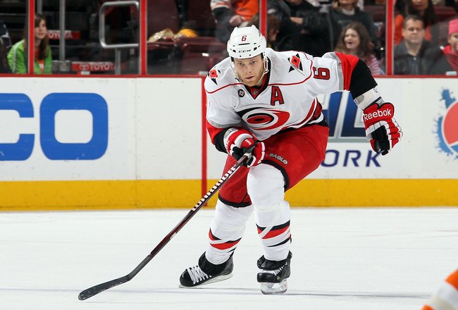PHILADELPHIA, PA - OCTOBER 29:  Tim Gleason #6 of the Carolina Hurricanes in action against the Philadelphia Flyers on October 29, 2011 at Wells Fargo Center in Philadelphia, Pennsylvania. The Flyers defeated the Hurricanes 5-1.  (Photo by Jim McIsaac/Getty Images)