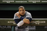 ARLINGTON, TX - OCTOBER 15:  Victor Martinez #41 of the Detroit Tigers reacts after deing defeated in Game Six of the American League Championship Series by the Texas Rangers eliminating them from the playoffs at Rangers Ballpark in Arlington on October 15, 2011 in Arlington, Texas.  (Photo by Harry How/Getty Images)