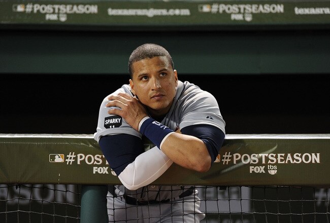 ARLINGTON, TX - OCTOBER 15:  Victor Martinez #41 of the Detroit Tigers reacts after deing defeated in Game Six of the American League Championship Series by the Texas Rangers eliminating them from the playoffs at Rangers Ballpark in Arlington on October 15, 2011 in Arlington, Texas.  (Photo by Harry How/Getty Images)