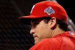 ST PETERSBURG, FL - OCTOBER 23: Pat Burrell #5 of the Philadelphia Phillies looks on before game two of the 2008 MLB World Series against the Tampa Bay Rays on October 23, 2008 at Tropicana Field in St. Petersburg, Florida.  (Photo by Elsa/Getty Images)