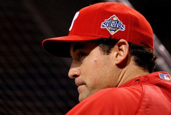 ST PETERSBURG, FL - OCTOBER 23: Pat Burrell #5 of the Philadelphia Phillies looks on before game two of the 2008 MLB World Series against the Tampa Bay Rays on October 23, 2008 at Tropicana Field in St. Petersburg, Florida.  (Photo by Elsa/Getty Images)
