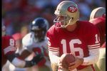 23 Sep 1990:  Quarterback Joe Montana #16 of the San Francisco 49ers stares into the backfield as he turns to hand off the football to his running back during a play in the 49ers 19-13 victory over the Atlanta Falcons at Candlestick Park in San Francisco,