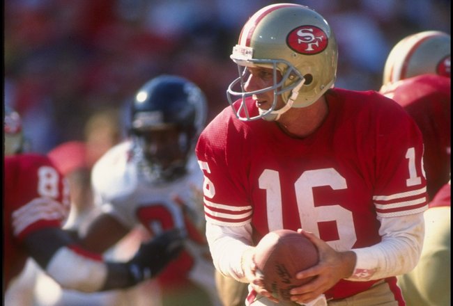 23 Sep 1990:  Quarterback Joe Montana #16 of the San Francisco 49ers stares into the backfield as he turns to hand off the football to his running back during a play in the 49ers 19-13 victory over the Atlanta Falcons at Candlestick Park in San Francisco,