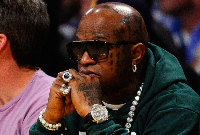 LOS ANGELES, CA - APRIL 20:  Hip Hop recording artist Birdman looks on during Game Two of the Western Conference Quarterfinals in the 2011 NBA Playoffs between the Los Angeles Lakers and the New Orleans Hornets on April 20, 2011 at Staples Center in Los Angeles, California. NOTE TO USER: User expressly acknowledges and agrees that, by downloading and or using this photograph, User is consenting to the terms and conditions of the Getty Images License Agreement.  (Photo by Kevork Djansezian/Getty Images)