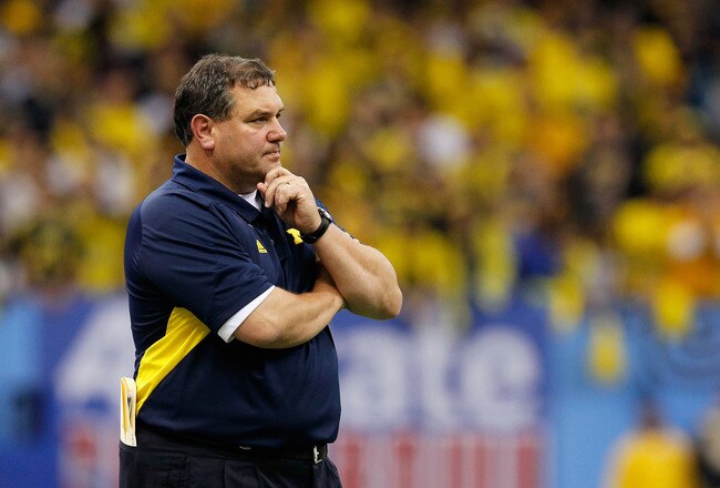 NEW ORLEANS, LA - JANUARY 03:  Head coach Brady Hoke of the Michigan Wolverines looks on against the Virginia Tech Hokies during the Allstate Sugar Bowl at Mercedes-Benz Superdome on January 3, 2012 in New Orleans, Louisiana.  (Photo by Kevin C. Cox/Getty Images)