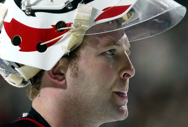 DALLAS - NOVEMBER 28:  Goalie Martin Brodeur #30 of the New Jersey Devils during a game against the Dallas Stars at the American Airlines Center on November 28, 2003 in Dallas, Texas.  The Stars defeated the Devils 2-0.  (Photo by Ronald Martinez/Getty Images)