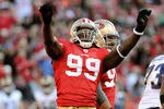 SAN FRANCISCO, CA - DECEMBER 04:  Aldon Smith celebrates after sacking quarterback A.J. Feeley #4 of the St Louis Rams at Candlestick Park on December 4, 2011 in San Francisco, California. The 49ers won the game 26-0. (Photo by Thearon W. Henderson/Getty Images)