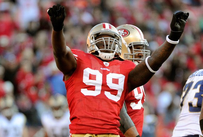 SAN FRANCISCO, CA - DECEMBER 04:  Aldon Smith celebrates after sacking quarterback A.J. Feeley #4 of the St Louis Rams at Candlestick Park on December 4, 2011 in San Francisco, California. The 49ers won the game 26-0. (Photo by Thearon W. Henderson/Getty Images)