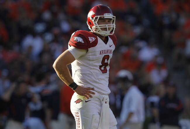AUBURN, AL - OCTOBER 16:  Quarterback Tyler Wilson #8 of the Arkansas Razorbacks takes a break during a timeout in the game against the Auburn Tigers at Jordan-Hare Stadium on October 16, 2010 in Auburn, Alabama.  The Tigers beat the Razorbacks 65-43.  (Photo by Mike Zarrilli/Getty Images)