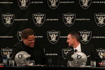 ALAMEDA, CA - JANUARY 30:  New Oakland Raiders head coach Dennis  Allen (R) talks to Raiders general manager Reggie McKenzie (L) looks on during a press conference on January 30, 2012 in Alameda, California. Dennis Allen was introduced as the new coach of the Oakland Raiders, replacing Hue Jackson who was fired after one season.  (Photo by Justin Sullivan/Getty Images)