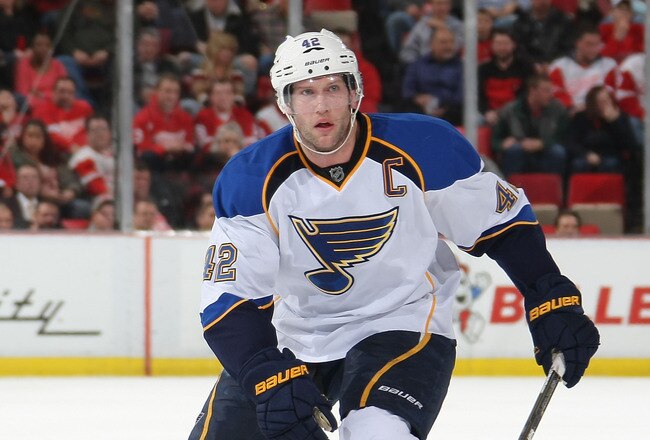 DETROIT, MI - JANUARY 23:  David Backes #42 of the St. Louis Blues skates against the Detroit Red Wings during their NHL game at Joe Louis Arena on January 23, 2012 in Detroit, Michigan.  (Photo by Dave Sandford/Getty Images)