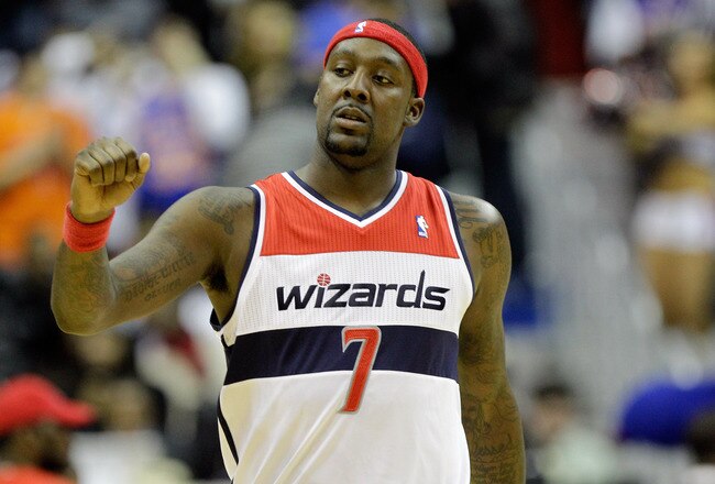 WASHINGTON, DC - JANUARY 06: Andray Blatche #7 of the Washington Wizards before the start of the Wizards game against the New York Knicks at Verizon Center on January 6, 2012 in Washington, DC.  NOTE TO USER: User expressly acknowledges and agrees that, by downloading and or using this photograph, User is consenting to the terms and conditions of the Getty Images License Agreement.  (Photo by Rob Carr/Getty Images)