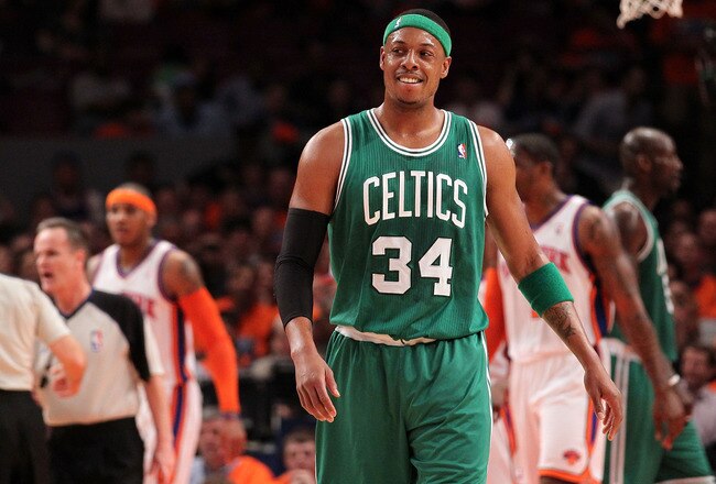 NEW YORK, NY - APRIL 24:  Paul Pierce #34 of the Boston Celtics looks on against the New York Knicks in Game Four of the Eastern Conference Quarterfinals during the 2011 NBA Playoffs on April 24, 2011 at Madison Square Garden in New York City. NOTE TO USER: User expressly acknowledges and agrees that, by downloading and or using this photograph, User is consenting to the terms and conditions of the Getty Images License Agreement  (Photo by Nick Laham/Getty Images)